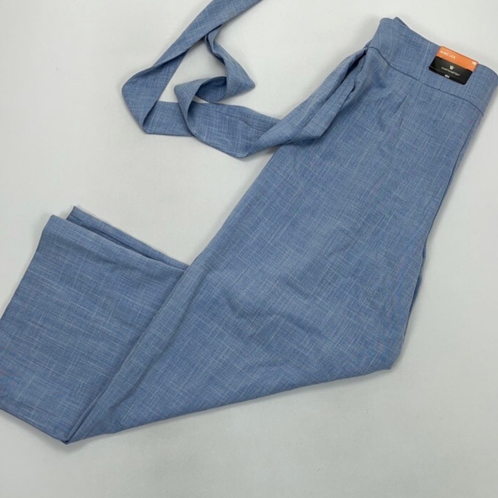 Worthington size 8p wide leg chambray blue pants bow belt dress pants